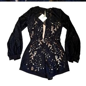 Lace Long Sleeve Romper size 12 Angel Biba Floral Black V-Back Overlay on Nude